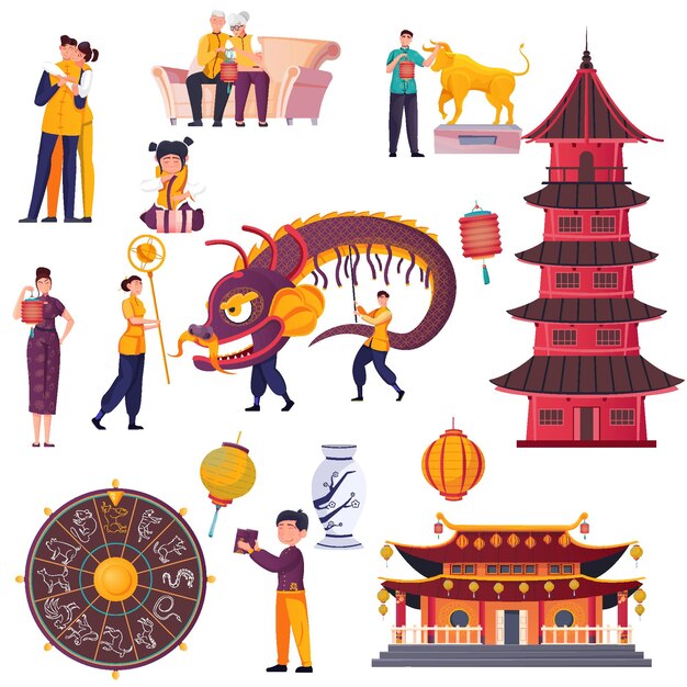 Iconos planos con símbolos de año nuevo chino edificios personas aisladas sobre fondo blanco ilustración vectorial