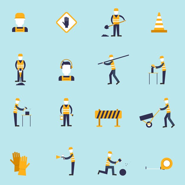 Los iconos planos del trabajador del camino fijados con el martillo del cono de la pala aislaron el ejemplo del vector