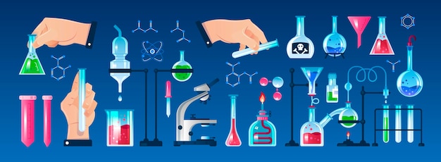 Iconos planos con varios equipos de laboratorio y manos humanas sosteniendo el tubo del matraz aislado en la ilustración del vector de fondo blanco