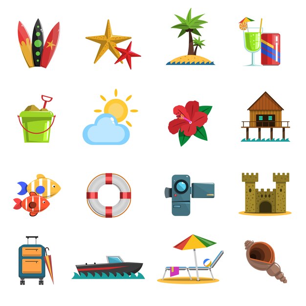 Iconos de playa plana