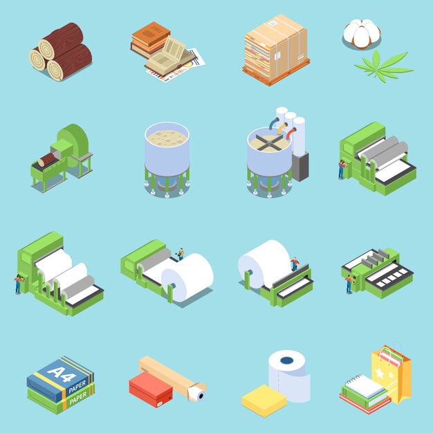 Iconos de producción de papel con símbolos de impresión isométrica aislado