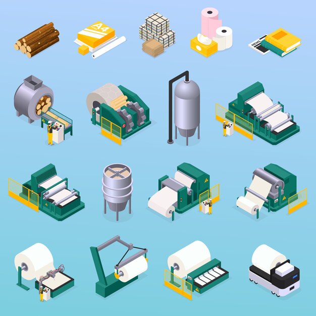 Iconos de producción de papel con símbolos de madera y prensa isométrica aislado