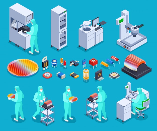 Iconos de producción de semiconductores con tecnología y ciencia símbolos isométricos aislados