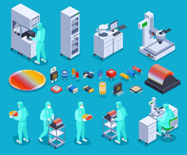 Iconos de producción de semiconductores con tecnología y ciencia símbolos isométricos aislados