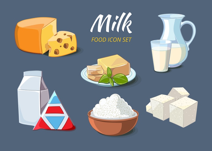 Vector gratuito iconos de productos lácteos en estilo de dibujos animados. alimentos orgánicos de queso y mantequilla, cuajada y feta, ilustración vectorial