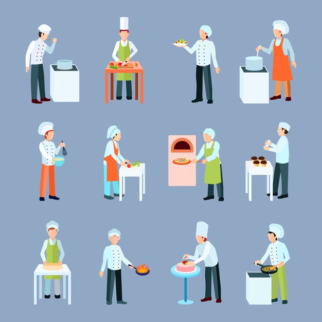 Iconos de profesión de cocinero con ensalada de pizza y pastelería plana