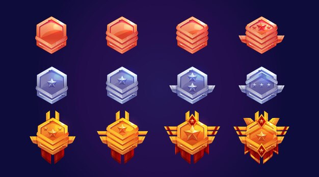 Iconos de rango de juego insignias de bronce, plata y oro