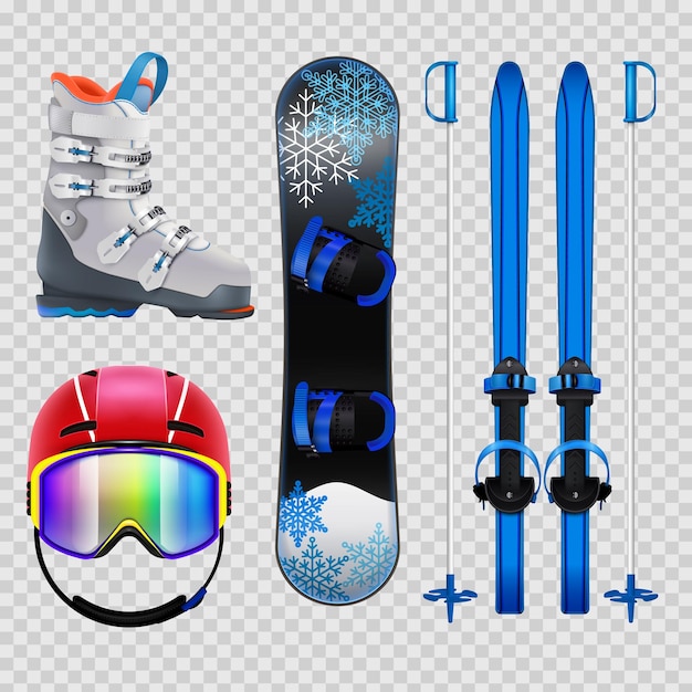 Vector gratuito iconos realistas de equipos de esquí y snowboard de colores establecidos aislados en la ilustración de vector de fondo transparente