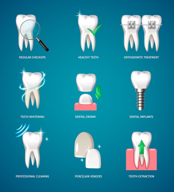 Vector gratuito iconos realistas de tratamiento dental con implantes dentales y carillas artificiales ilustraciones vectoriales aisladas