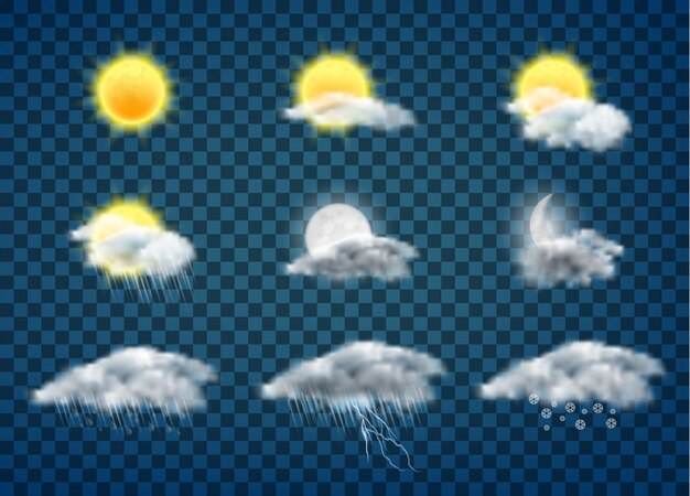 Los iconos realistas del vector de la aplicación de la previsión metereológica del día y de la noche fijaron aislado en fondo transparente. Su