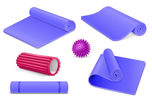 Iconos realistas de yoga y masaje miofascial con tapete de alfombra y rodillo de espuma ilustración vectorial aislada