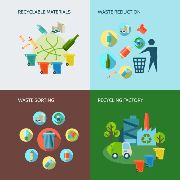 Iconos de reciclaje y reducción de residuos establecidos con materiales y clasificación plana
