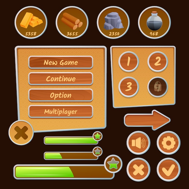 Vector gratuito iconos de recursos y elementos de menú para juegos de estrategia en el fondo marrón