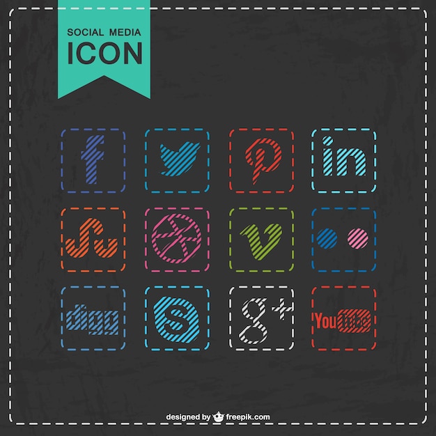 Iconos de redes sociales de colores con textura de pizarra
