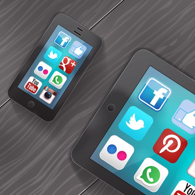 Vector gratuito iconos de redes sociales en la pantalla de la tableta y el teléfono inteligente