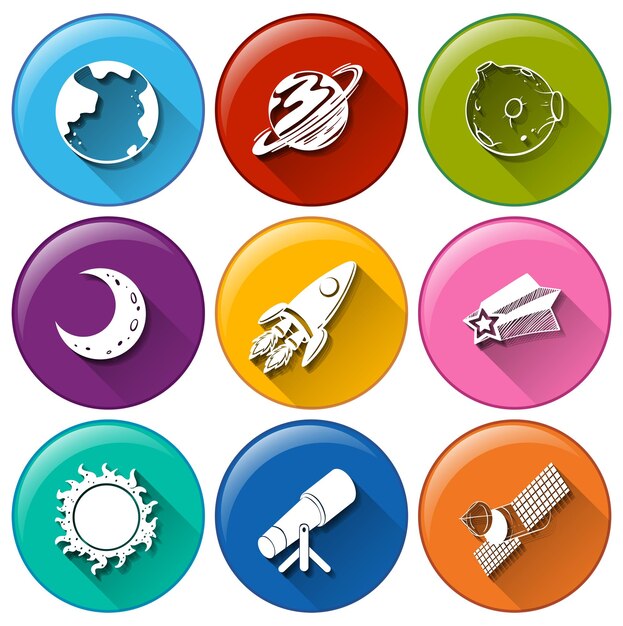 Iconos redondos con cosas en el espacio exterior