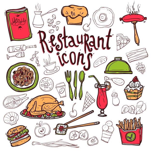 Vector gratuito iconos de restaurante doodle bosquejo de símbolos