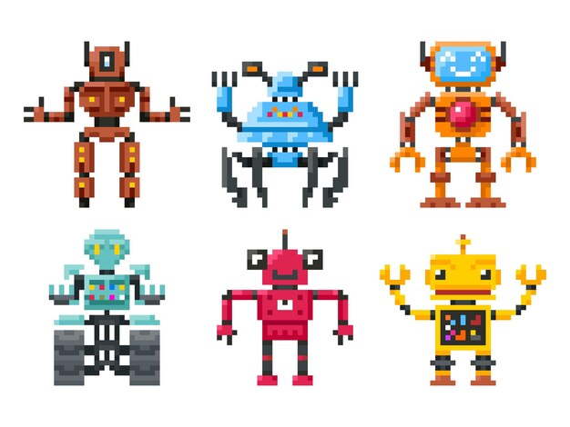 Iconos de robots de píxeles. Bots de 8 bits aislados. Conjunto de robots en estilo pixel, robot de color de ilustración