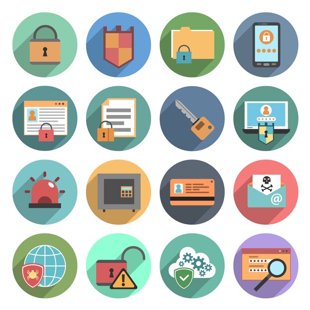 Iconos de seguridad informática conjunto plana redonda