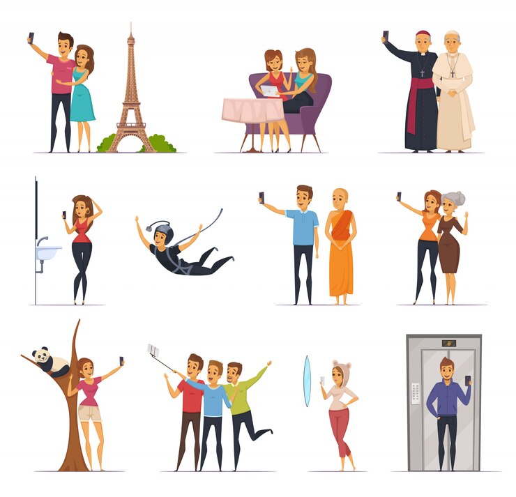 Vector gratuito iconos de selfie y personas con ilustración de vector aislado plano de símbolos de viaje