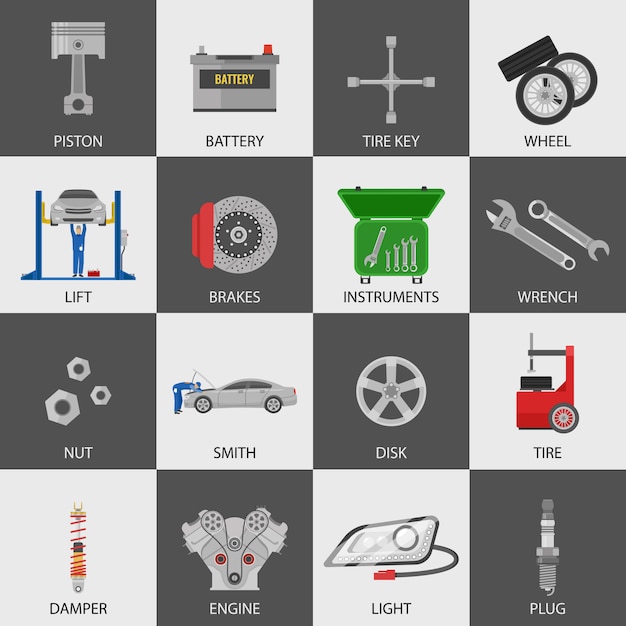 Iconos de servicio de coche con reparador de instrumentos de detalles automáticos