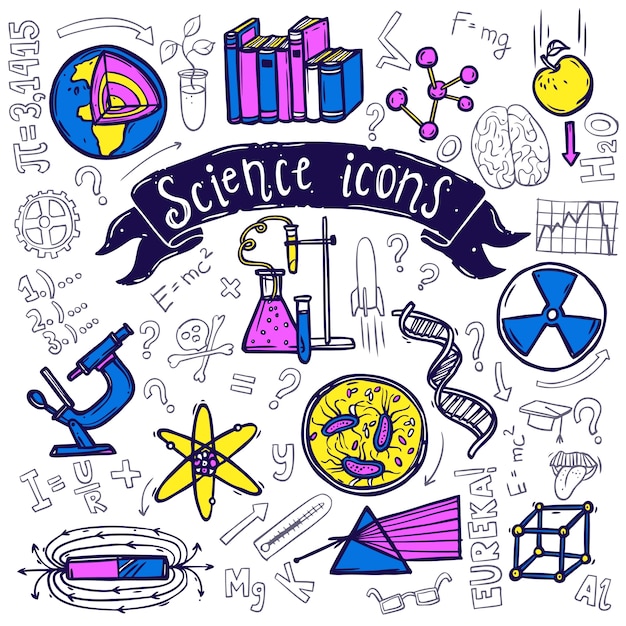 Iconos de símbolos de ciencia doodle sketch