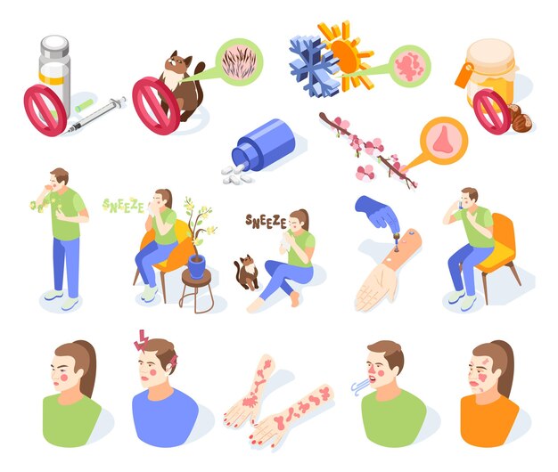 Iconos de síntomas de alergia establecidos con símbolos de alérgenos ilustración vectorial aislada isométrica