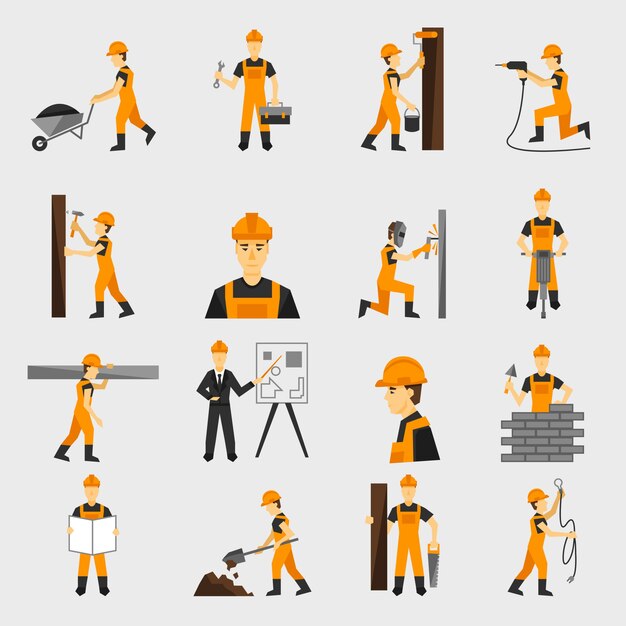 Iconos de trabajador de construcción planos