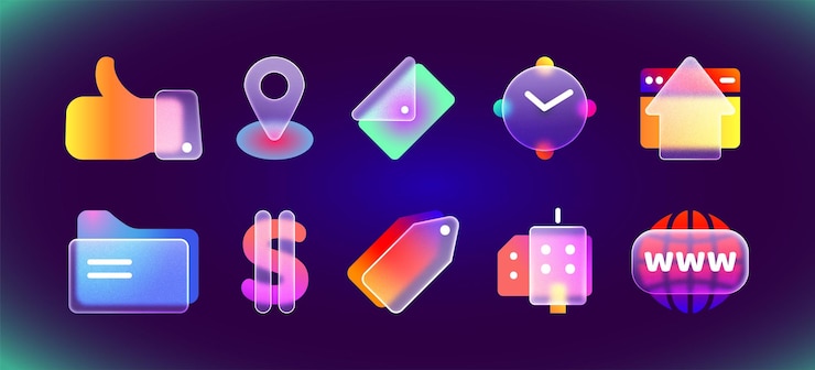 Vector gratuito iconos transparentes de morfismo de vidrio 3d realistas para aplicaciones móviles o sitios web