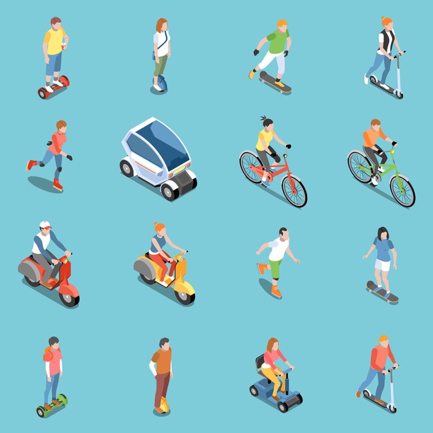 Iconos de transporte ecológico personal con bicicleta y scooter isométrico aislado