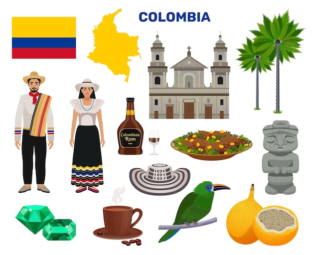 Vector gratuito iconos de turismo de colombia establecidos con recorridos y símbolos de viaje ilustración de vector aislado plano