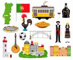 Vector gratuito iconos de turismo de portugal con cocina y mapa de símbolos ilustración del vector aislado plana