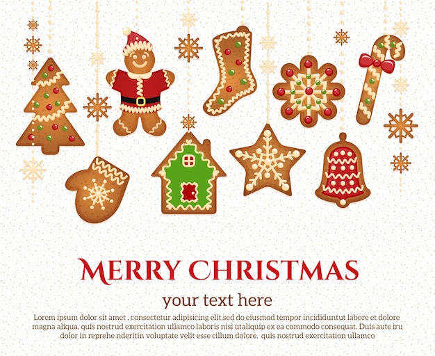 Iconos de vacaciones de Navidad y guirnalda de elementos con texto de felicitación