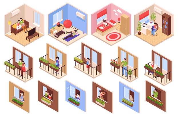 Iconos de vecinos establecidos con un encantador vecindario en símbolos de la ciudad ilustración vectorial aislada isométrica