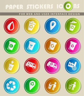 Iconos de vector de basura en pegatinas de papel de colores