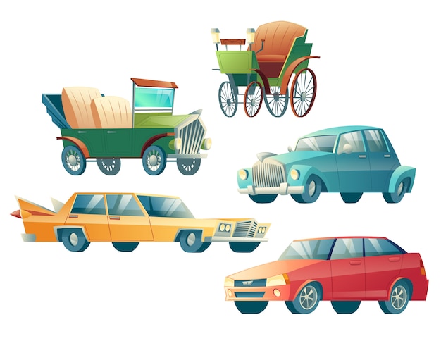 Iconos de vector de dibujos animados de coches modernos y retro conjunto aislado