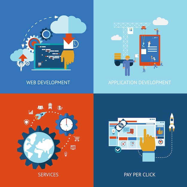Iconos vectoriales de conceptos de desarrollo de aplicaciones web y aplicaciones en estilo plano