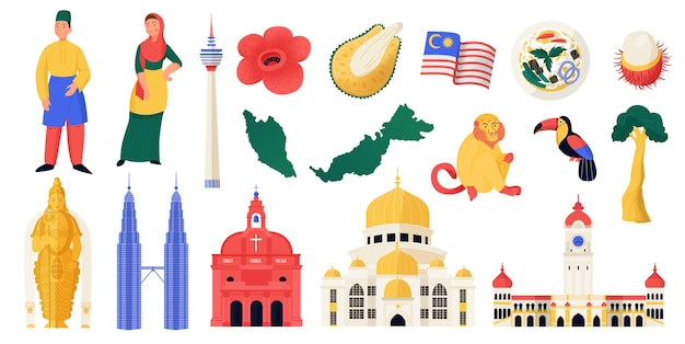 Iconos de viaje de malasia planos con atracciones turísticas y símbolos culturales ilustraciones vectoriales aisladas