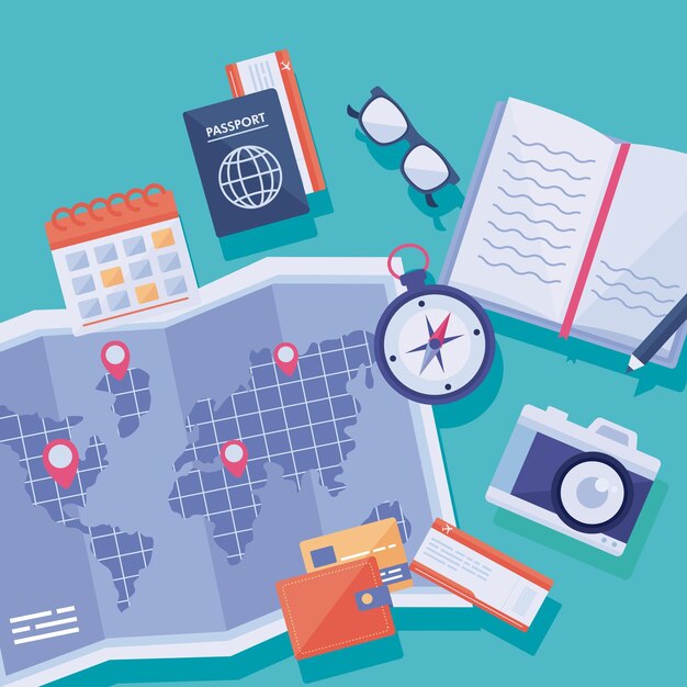 Iconos de viaje y mapa de papel