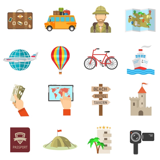 Vector gratuito iconos de viaje plana