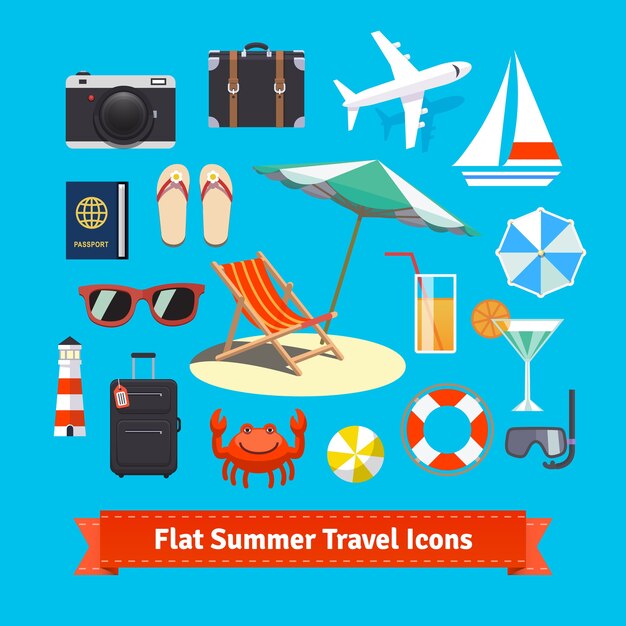 Iconos de viajes de verano planos. Vacaciones y turismo