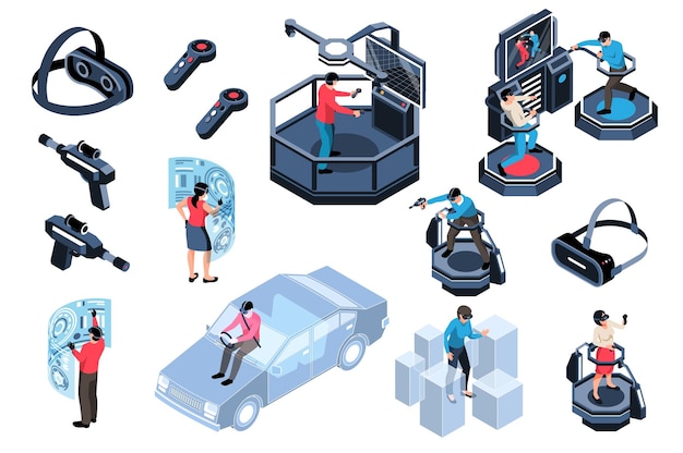 Iconos virtuales de realidad aumentada con simuladores de dispositivos portátiles de personas aislados en ilustración de vector de fondo blanco 3d