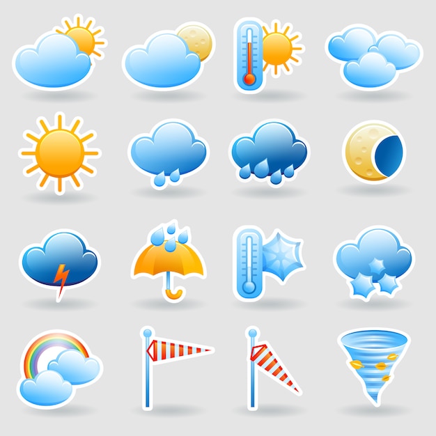 Iconos de widget de símbolos móviles de tableta de pronóstico del tiempo con nubes y arco iris