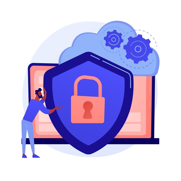 Idea de almacenamiento en la nube. Computación en línea. Base de datos de Internet, servidor de respaldo. Equipo de programación. Acceso limitado, pase de control, configuración de privacidad. Ilustración de metáfora de concepto aislado de vector