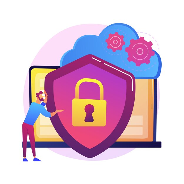 Idea de almacenamiento en la nube. Computación en línea. Base de datos de Internet, servidor de respaldo. Equipo de programación. Acceso limitado, pase de control, configuración de privacidad. Ilustración de metáfora de concepto aislado