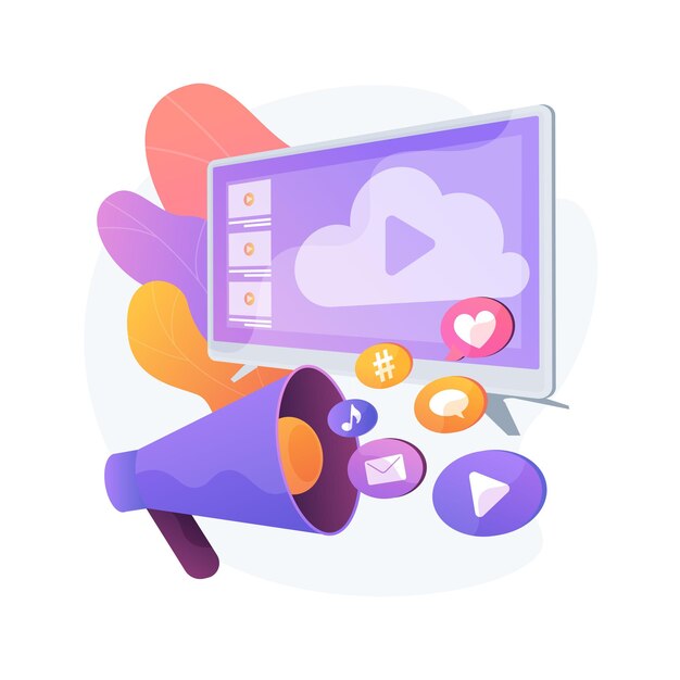 Idea de anuncios de Internet. Servicio de computación en la nube. Mensajería directa. Comunicación en red. Publicidad viral, marketing de contenidos, promoción en redes sociales. Ilustración de metáfora de concepto aislado de vector