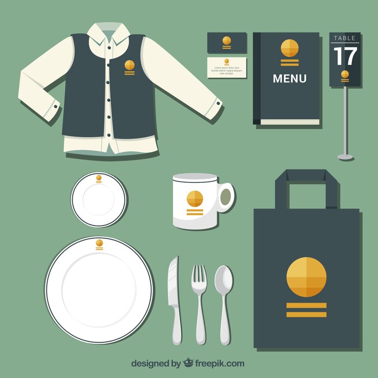Vector gratuito identidad corporativa con un logotipo amarillo para un restaurante