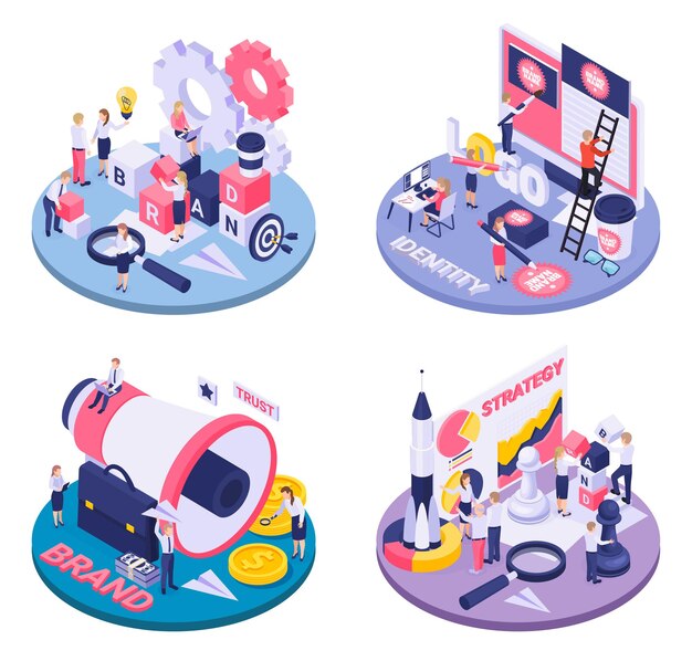 Identidad de marca como metas para lograr el concepto de estrategia composiciones isométricas circulares