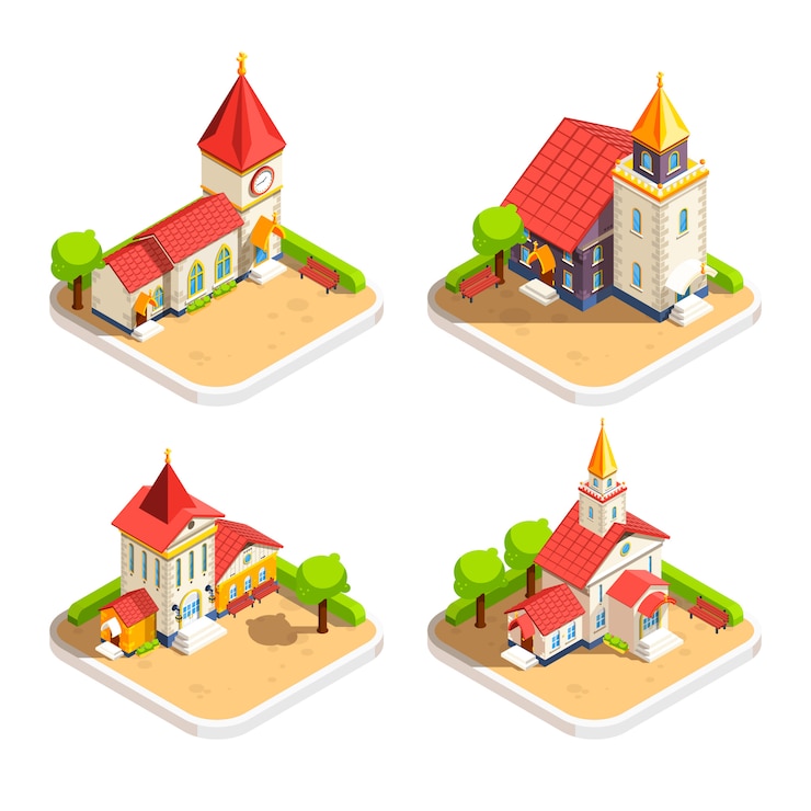 Vector gratuito iglesia 4 conjunto de iconos isométricos