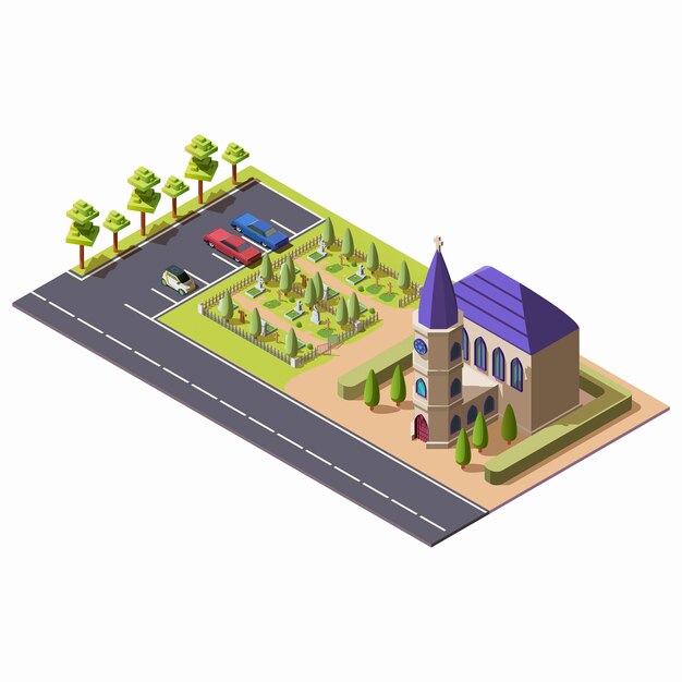 Iglesia católica cristiana con capilla cerca del cementerio y estacionamiento en estilo isométrico